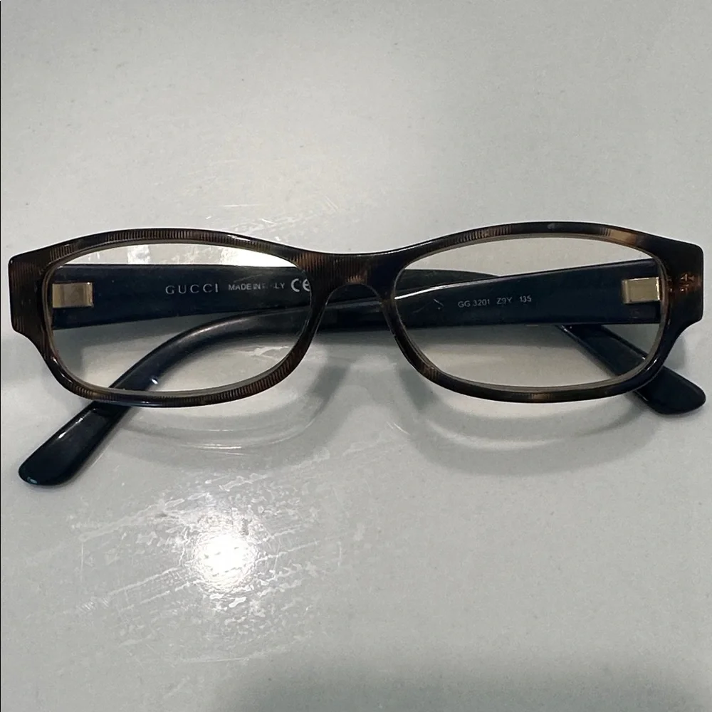 Gucci Blue Temple Tortoiseshell Front presentation Eyeglasses with Gold Logo